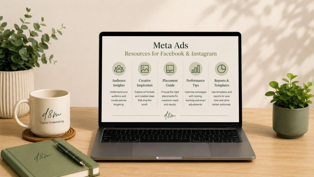 Meta Ads resources for Facebook and Instagram shown on a laptop