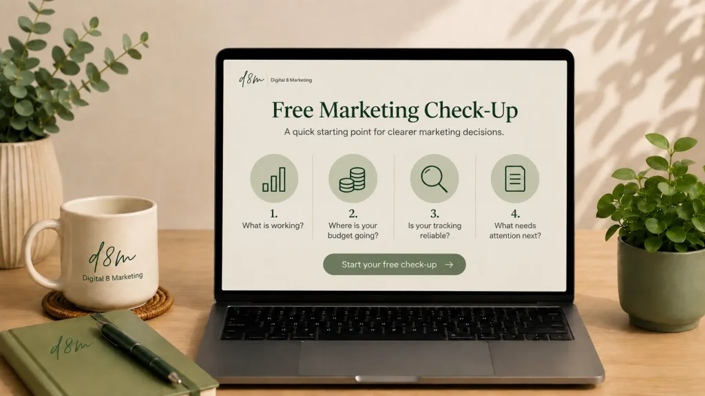Free marketing checklist for business owners shown on a laptop