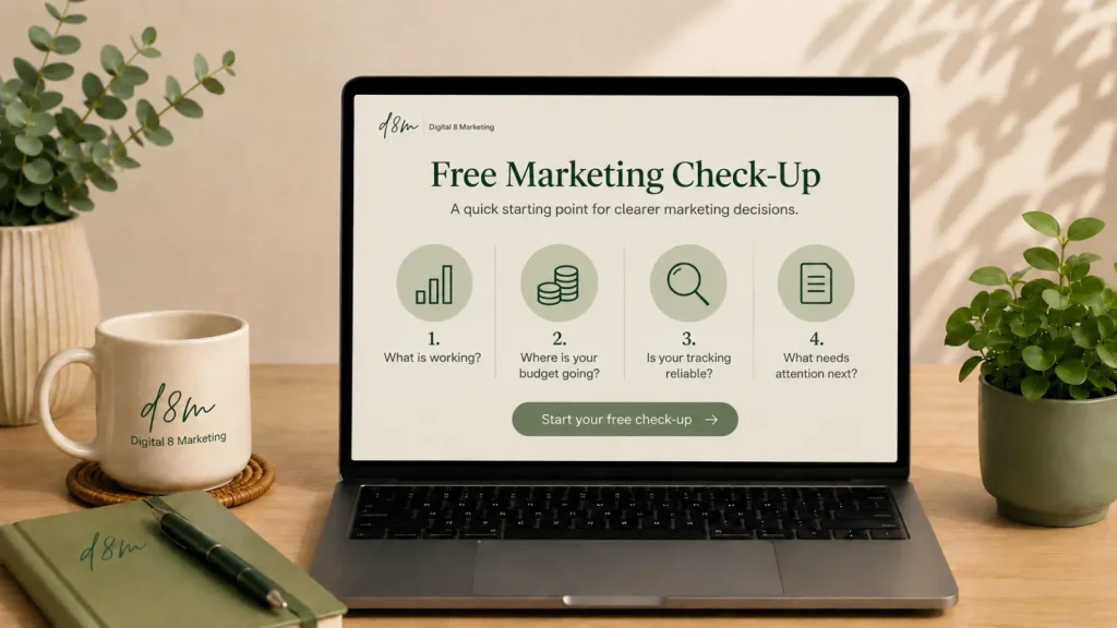 Free marketing checklist for business owners shown on a laptop