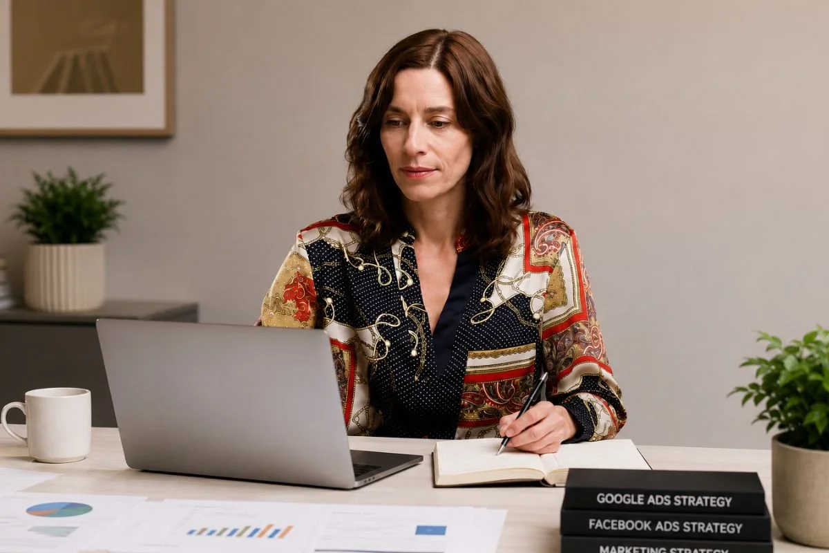 Marketing consultant working on a laptop at a desk