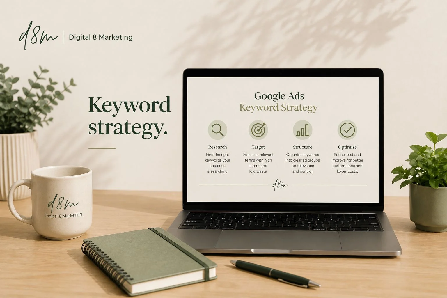 Google Ads keyword strategy shown on a laptop