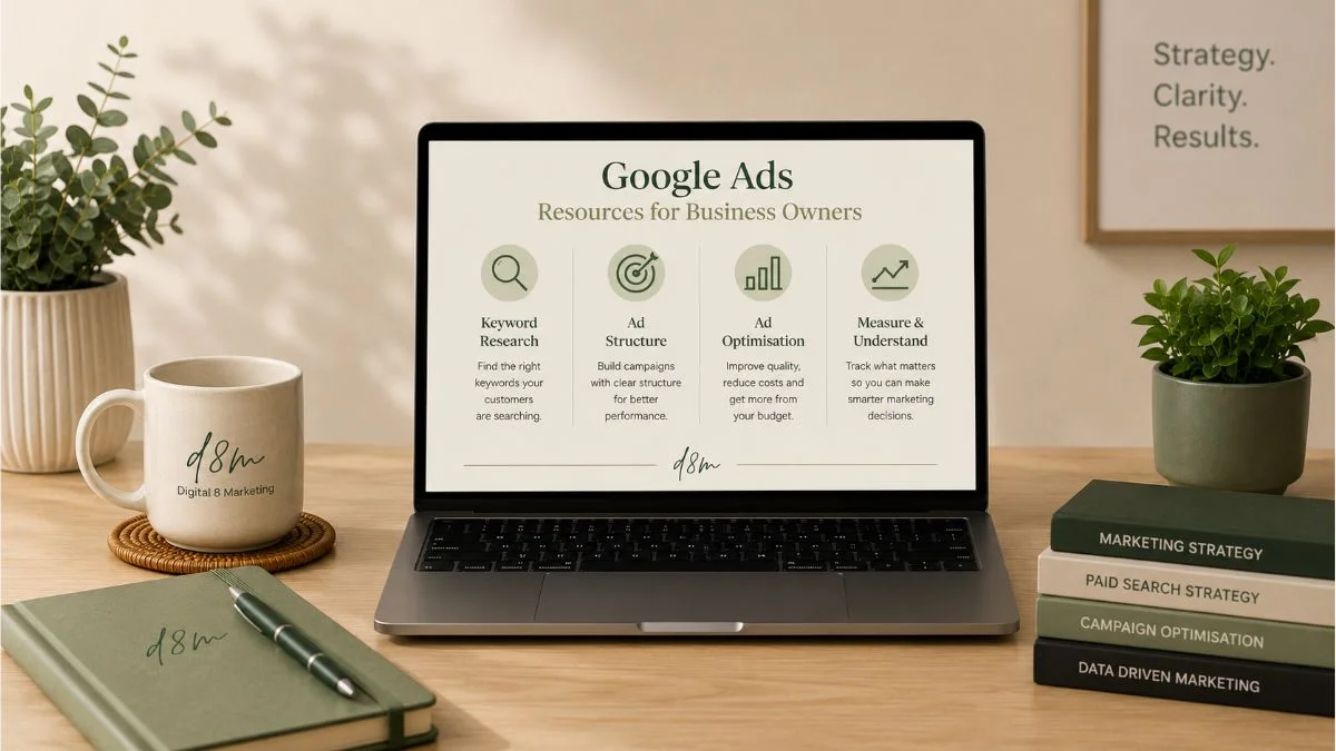 Google Ads resources for business owners shown on a laptop