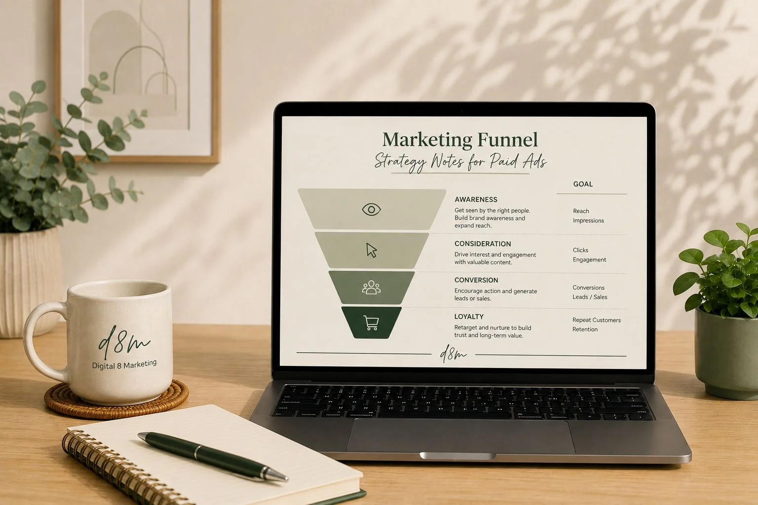 Marketing funnel for paid ads strategy shown on a laptop
